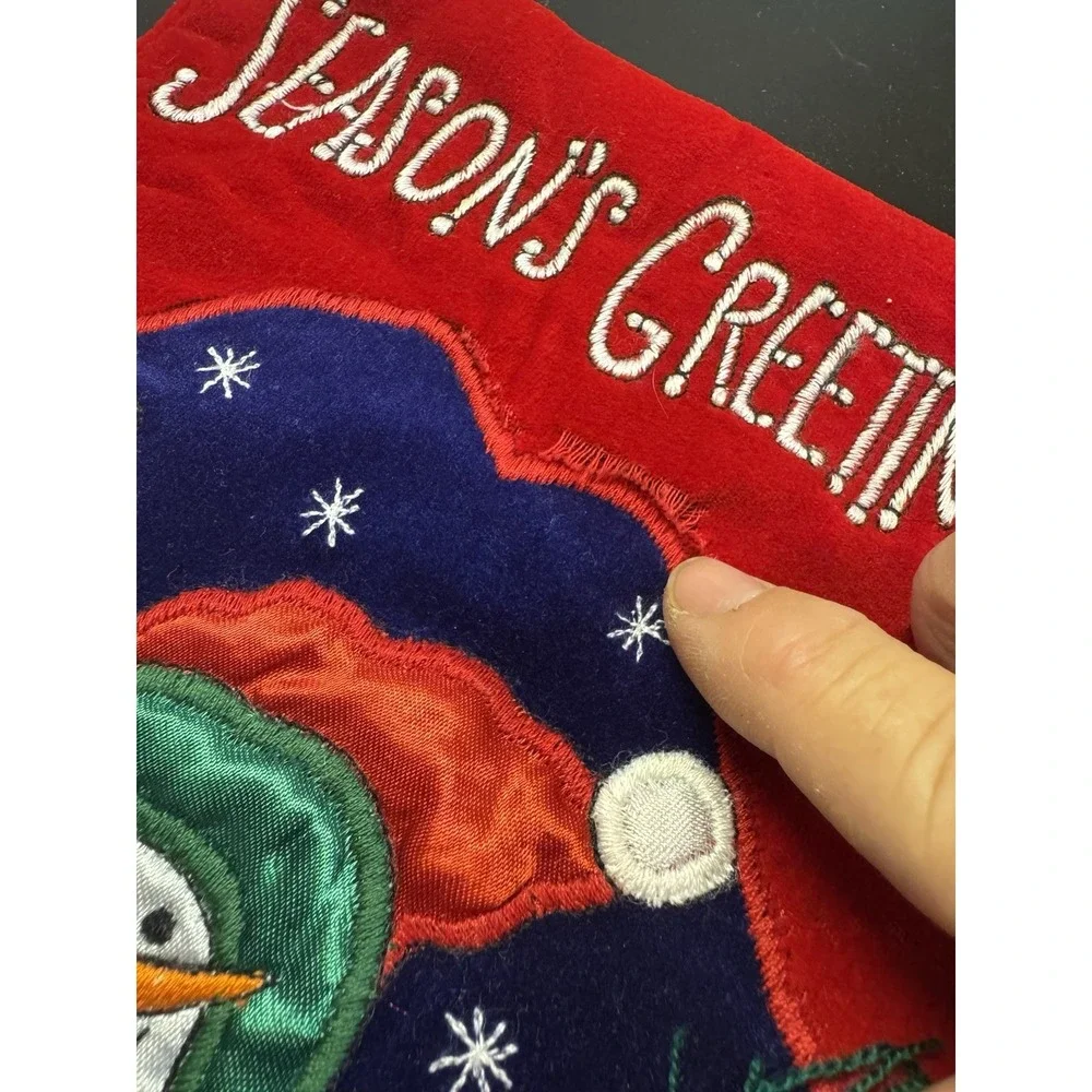 Snowman w Birds Penguin Skiing Christmas Stocking‎ Embroidered Applique Set of 2